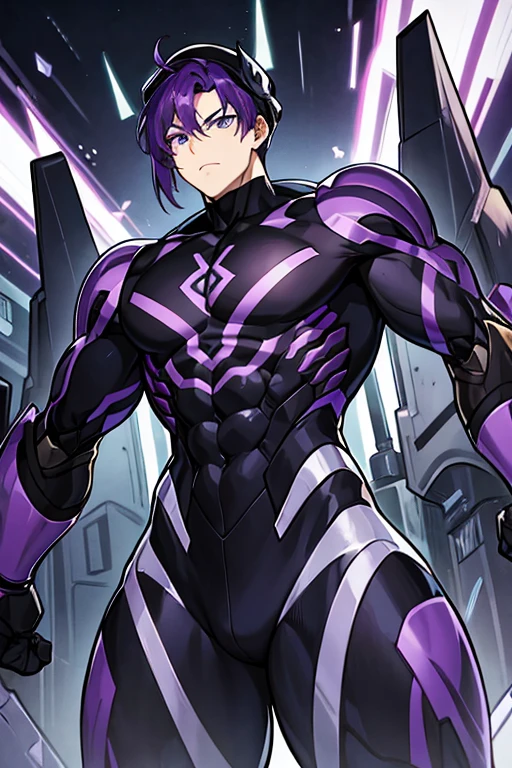 muscular robot man, PURPLE HAIR, black cap, purple eyes