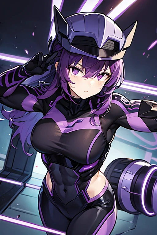 muscular robot man, PURPLE HAIR, black cap, purple eyes