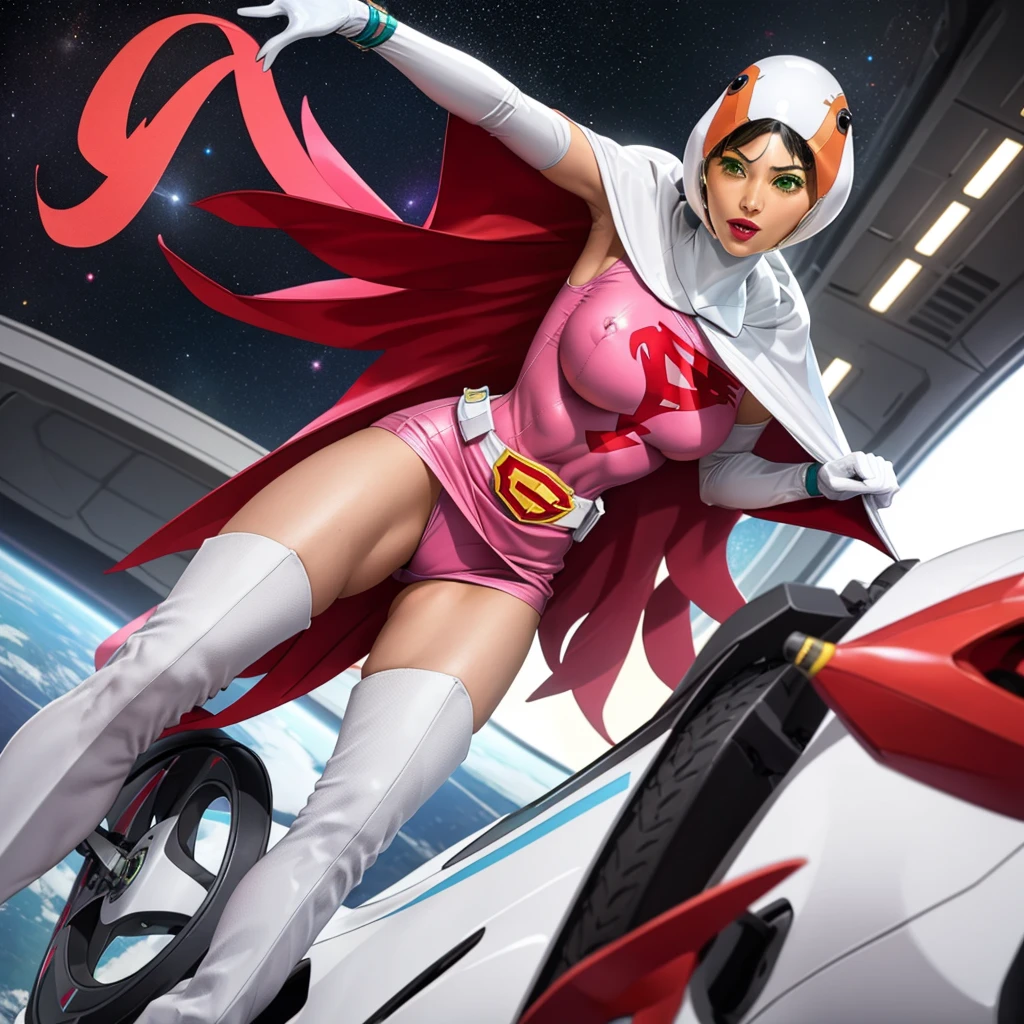 ANI_CLASSIC_jun_gatchaman_ownwaifu,1girl, yo,good anatomy, masterpiece, best quality,realistic, hyperrealistic, 16k hdr, long hair,breasts,green eyes,lips,large breasts,lipstick,makeup,gloves,cape,helmet,belt,elbow gloves,white gloves,mask,ultra miniskirt,leotard,spacesuit,white tight overknee highheels boots,pink dress,superhero,bodysuit,cleavage,erected nipples,(sexy pose,front view),(spread legs:1.1),cameltoe