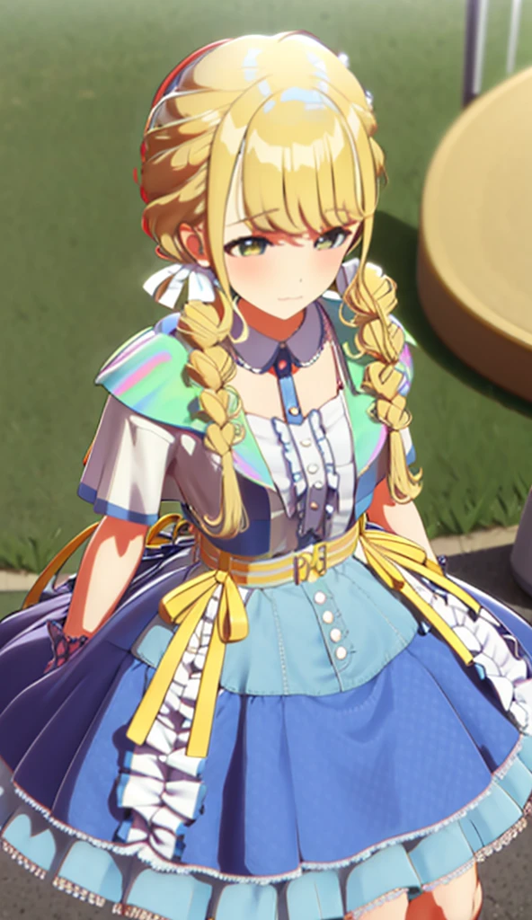 Blonde, concert venue, dress, frills, crossing arms in front of chest, wink