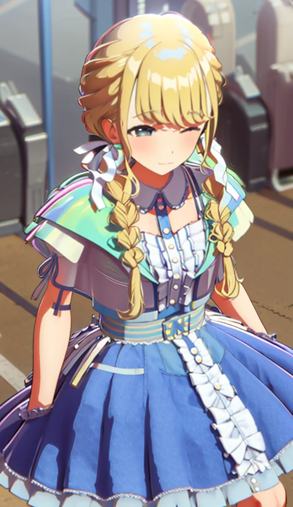 Blonde, concert venue, dress, frills, crossing arms in front of chest, wink