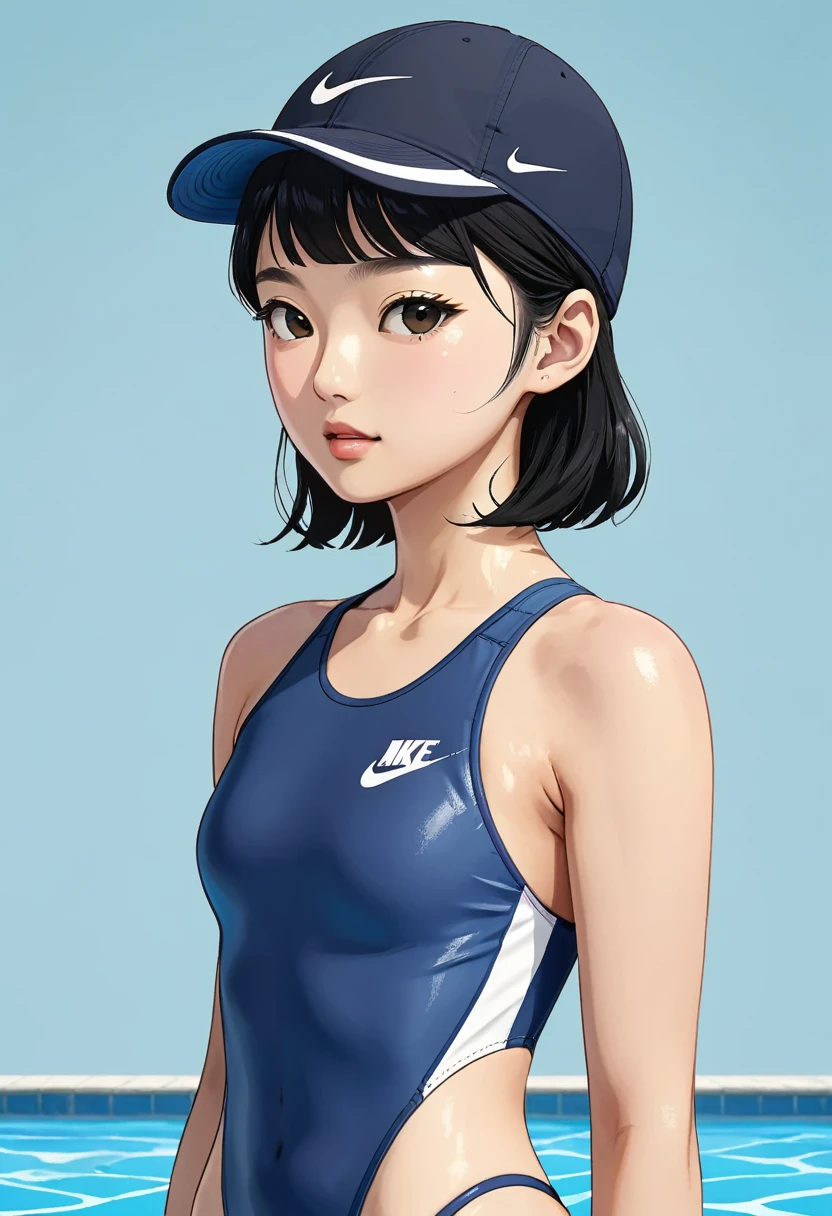 Competitive swimming suits、Swimming Glasses、Black Hair、Very short hair、Upper Body、Simple Background、Moderate bust、NIKE Swimsuit、Asian
