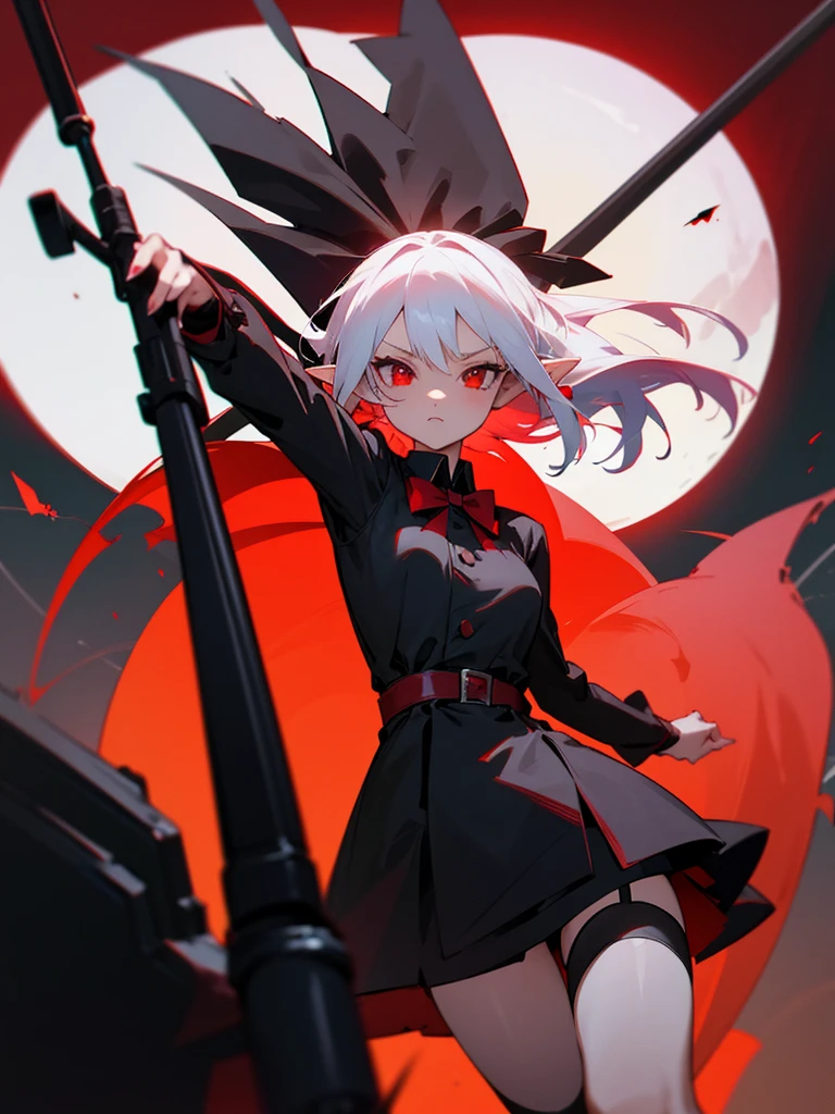1 Girl Elf, vampire, young, black dress, red right stocking, black left stocking, red eyes, white hair with bow, with sniper rifle, against the backdrop of the red moon, night, looking at viewer, cute pose, 8k, masterpiece, high res, ultrasharp