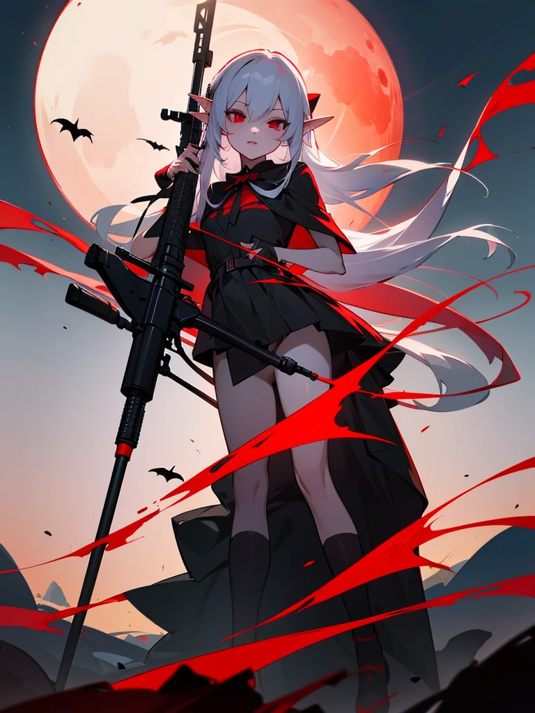 1 Girl Elf, vampire, young, black dress, red right stocking, black left stocking, red eyes, white hair with bow, with sniper rifle, against the backdrop of the red moon, night, looking at viewer, cute pose, 8k, masterpiece, high res, ultrasharp