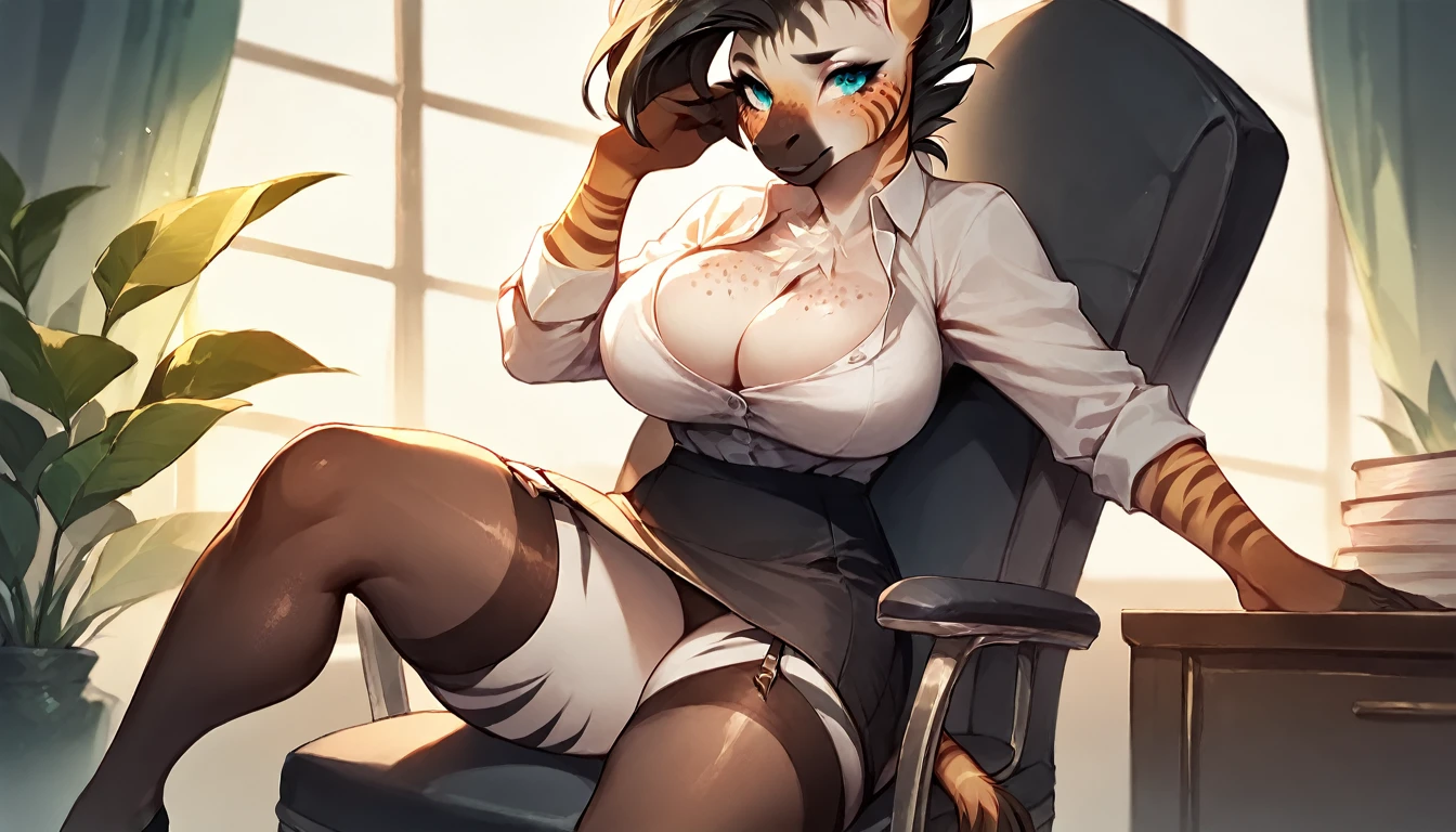 score_9, score_8_up, score_7_up, score_6_up, score_5_up, score_4_up, (solo), female anthro zebra, secretary clothes, skirt, lusty, fluffy body, black hair, freckles, freckles on face, turquoise eyes, (thick thighs:1.5)((( offering the breasts))) sex partial clothes, (((cleavage))) semi-butonned uniform niform, (barely_visible_booba) (she is sitting) , giant breasts, garter belt tights , front view, open legs