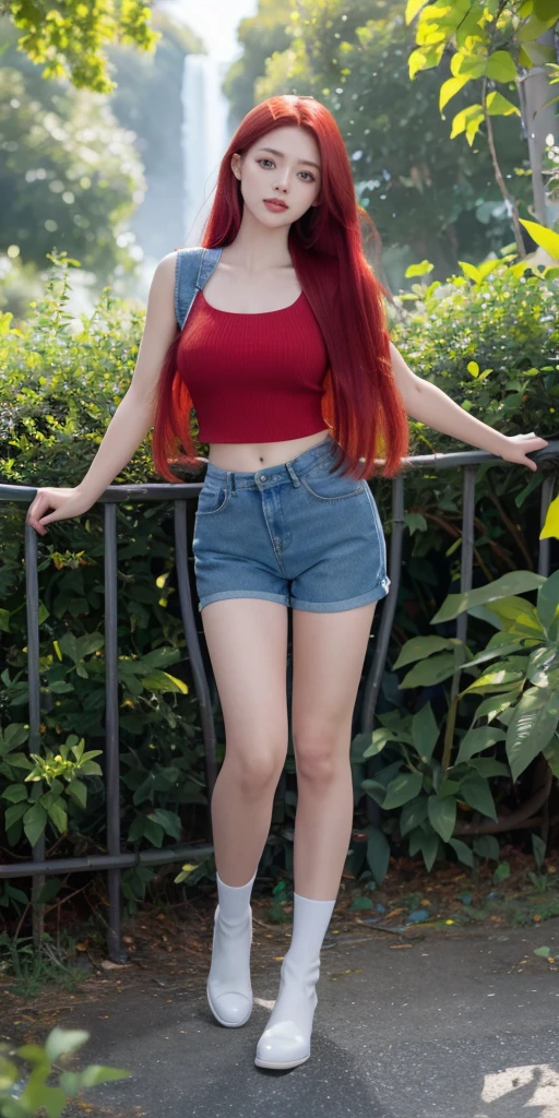 (best quality,8K,highres,masterpiece), ultra-detailed, a young girl with a mischievous face blue-eyed , They have very long hair down to their feet and straight, one is vibrant red and the other has scarlet red hair, made of synthetic fibers, bright blue eyes, a thin waist, wide hips and big. they are in a mango,