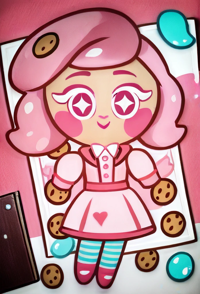 chibi, full body, CookieRun, 1girl, adorable, cute, kawaii, cookie-themed, colorful, vibrant, dynamic pose, detailed facial features, large eyes, long eyelashes, rosy cheeks, detailed cookie-themed outfit, detailed decorative details, (best quality,4k,8k,highres,masterpiece:1.2),ultra-detailed,(realistic,photorealistic,photo-realistic:1.37),professional,vivid colors,sharp focus