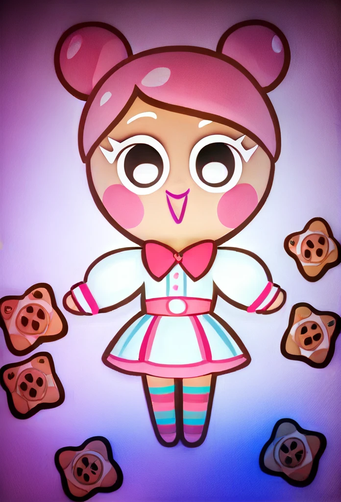 chibi, full body, CookieRun, 1girl, adorable, cute, kawaii, cookie-themed, colorful, vibrant, dynamic pose, detailed facial features, large eyes, long eyelashes, rosy cheeks, detailed cookie-themed outfit, detailed decorative details, (best quality,4k,8k,highres,masterpiece:1.2),ultra-detailed,(realistic,photorealistic,photo-realistic:1.37),professional,vivid colors,sharp focus
