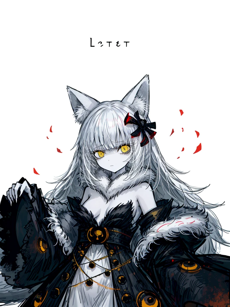 1girl ,white hair, yellow eyes, pale fur beast, fox ears, polar, nice clothes,red claws, (high resolution, high detail, best quality), sad, small breasts