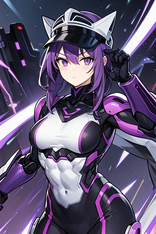 masterpiecie, high quality, 8k, high resolution, realistic, 1girl, side, Reze, green eyes, purple hair, (fortified_suit), latex, (purple_bodysuit), (pink_energetic_halo), (StarGlitcherWings), (pink_energetic_wings), dark_smile, dark_space, dark_crystals