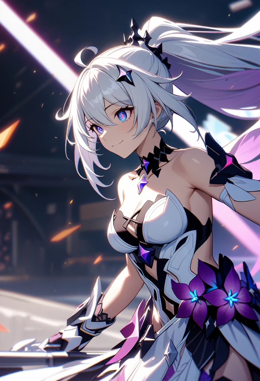 1girl, Kiana Kaslana \(Herrscher of Finality)\, Honkai Impact 3rd, ponytail, smile, ultra-detailed, 8k, masterpiece, cinematic, volumetric lighting, dramatic lighting, highly detailed face, beautiful detailed eyes, extremely detailed face, extremely detailed eyes, intricate details, striking pose, dynamic composition, vibrant colors, ambient occlusion, ray tracing, global illumination