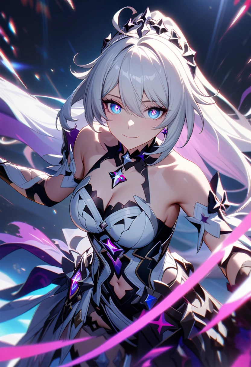 1girl, Kiana Kaslana \(Herrscher of Finality)\, Honkai Impact 3rd, ponytail, smile, ultra-detailed, 8k, masterpiece, cinematic, volumetric lighting, dramatic lighting, highly detailed face, beautiful detailed eyes, extremely detailed face, extremely detailed eyes, intricate details, striking pose, dynamic composition, vibrant colors, ambient occlusion, ray tracing, global illumination