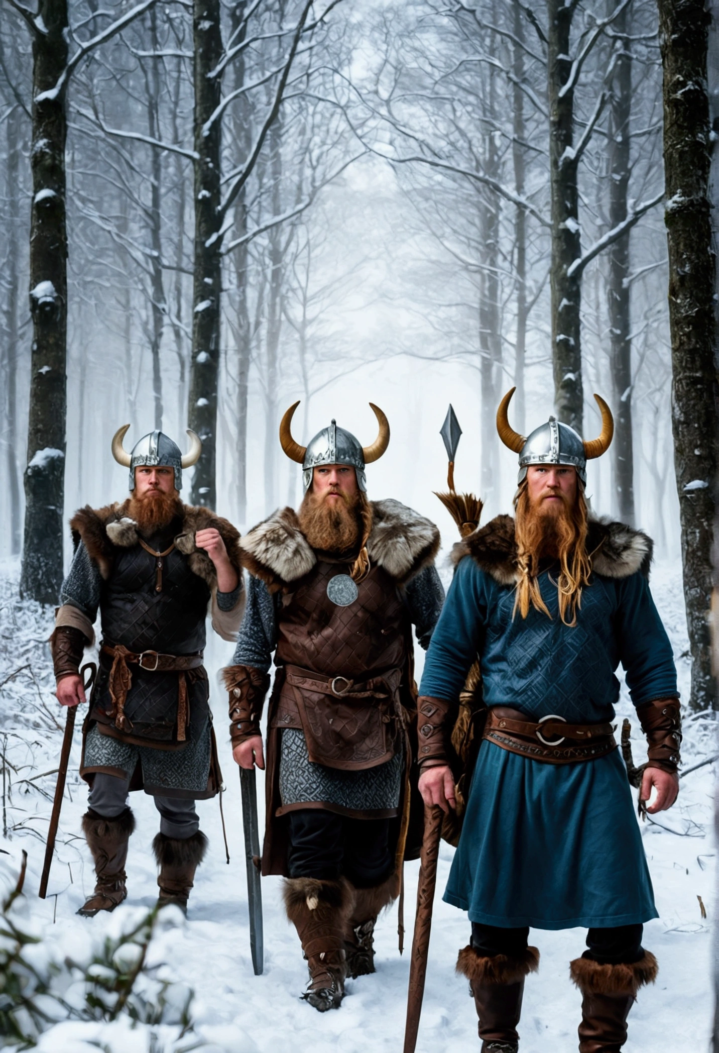 Illustration While Walking in a Snowy Forest (( viking warriors )),(( they don&#39;t wear helmets)), a pale, bluish light caught Bjorn&#39;s attention (( and his fellow Vikings)). Curious onlookers, They followed the light to a clearing where a runestone gleamed beneath the snow..