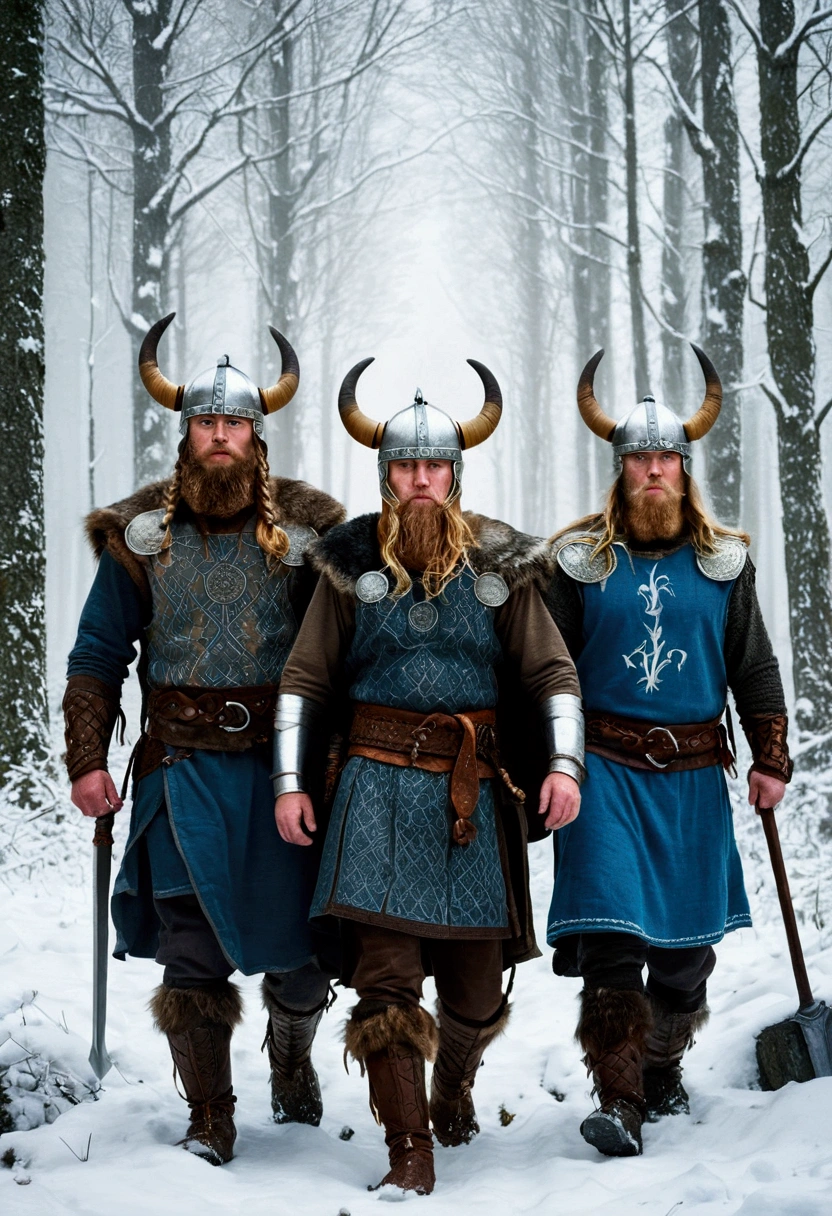 Illustration While Walking in a Snowy Forest (( viking warriors )),(( they don&#39;t wear helmets)), a pale, bluish light caught Bjorn&#39;s attention (( and his fellow Vikings)). Curious onlookers, They followed the light to a clearing where a runestone gleamed beneath the snow..