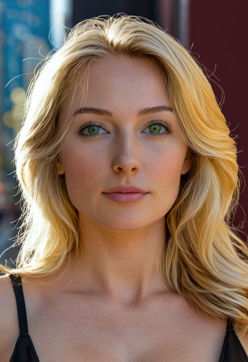 Create a realistic full-body image of a young woman with blonde hair and intense green eyes. She is tall, with a slender body, large breasts, thin waist and wide hips. She exudes a sexy and elegant presence. His facial expression is fearless, conveying confidence and a slight shy smile. She is in downtown Vancouver, wearing a short black dress with a long neckline.