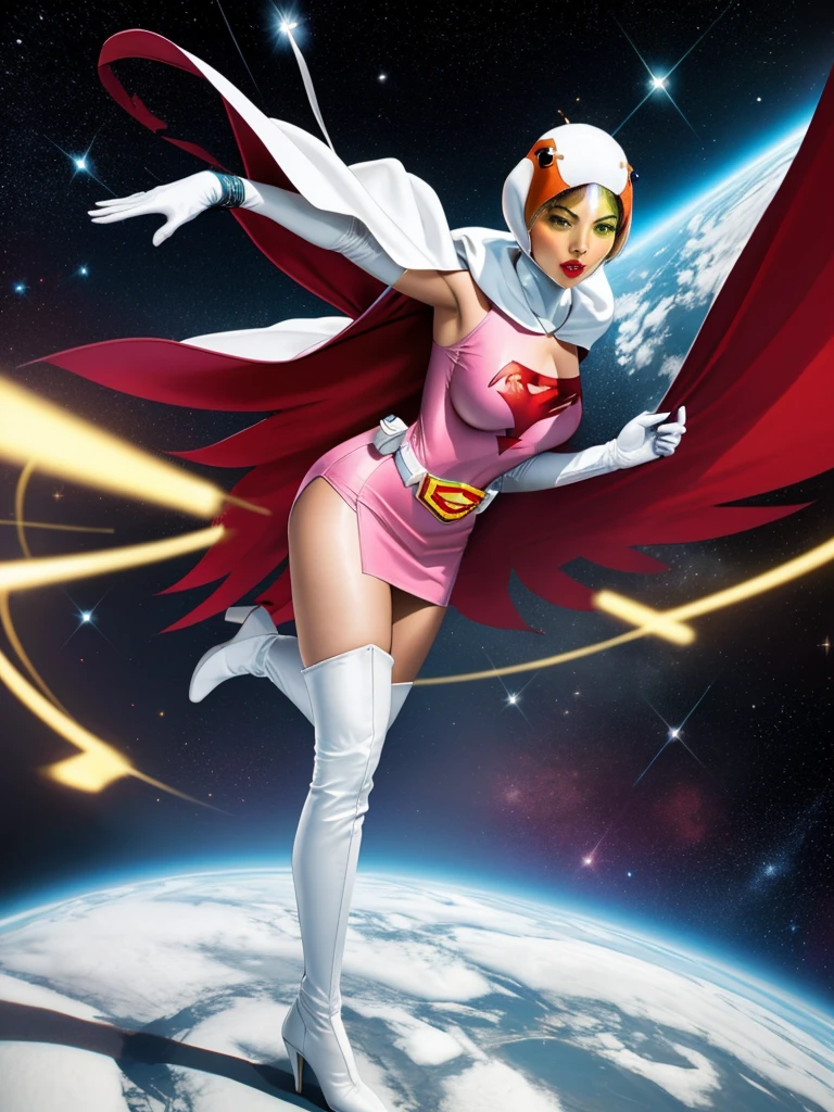 ANI_CLASSIC_jun_gatchaman_ownwaifu,1girl, 15yo,good anatomy, masterpiece, best quality,realistic, hyperrealistic, 16k hdr, long hair,breasts,green eyes,lips,large breasts,lipstick,makeup,gloves,cape,helmet,belt,elbow gloves,white gloves,mask,ultra miniskirt,leotard,spacesuit,white tight overknee highheels boots,pink dress,superhero,bodysuit,cleavage,erected nipples,(sexy pose,front view),(spread legs:1.1),cameltoe