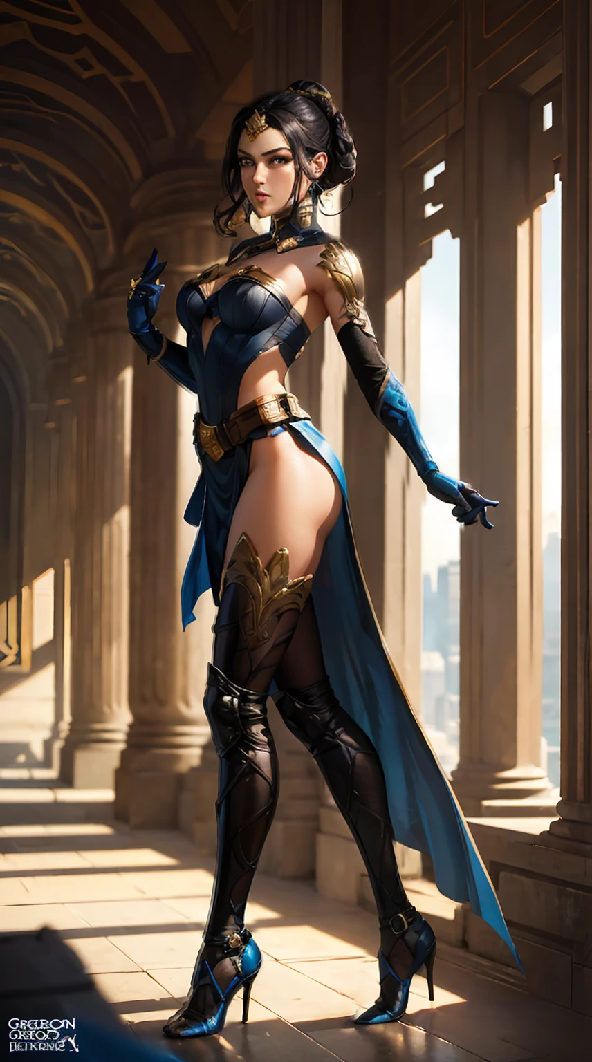 ((Full body photo, standing, feet on the ground))  actess ((Gal Gadot)) as Kitana from Mortal Kombat, in the temple, wields fans, blue-and-black revealing bodysuit, blue stockings, blue ninja mask, high heels, (intricate hair bun), intricate, high detail, sharp focus, dramatic, photorealistic painting art by greg rutkowski