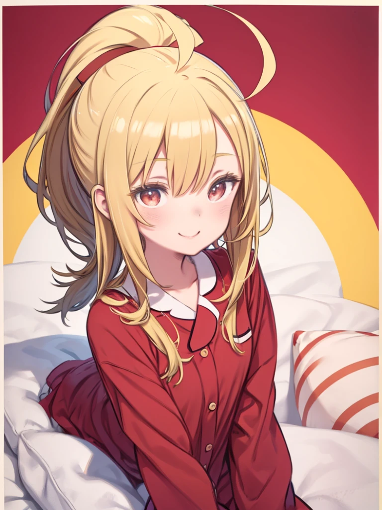 18-year-old girl sitting on bed、alone、Anime style painting、Wearing pajamas、Slim figure、Blonde ponytail、Ahoge、Beautiful red eyes、smile、smile、The soft texture of pajamas、Upper body close-up、Red and yellow based colors、Background Blur、Depth of the drawn border