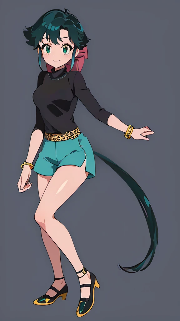 1girl, Koyuki Azumaya1 leopard print shirt, ponytail, green eyes.dark blue hair  longe sleeves, short hair, blue shorts, purple shose, light skin, medium breast, bracelet, full body, green eyes, smiling, masterpiece, Good picture, 