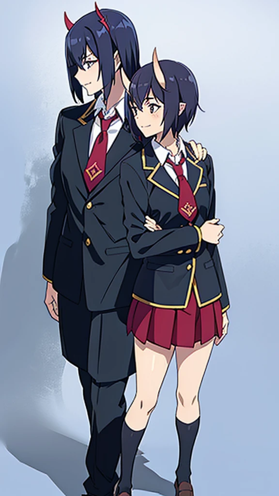 1girl ,20s,mature female,short hair,dark blue hair,oni horns,(simple background),red necktie,black jacket, blazer,long sleeves,pleated skirt,full body,standing,profile,hand to own mouth,smile,closed eyes,(((hand to own mouth)))