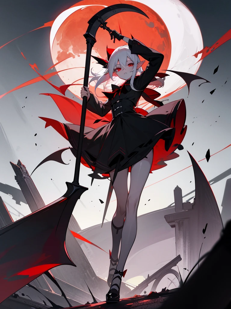 1 Girl Elf, vampire, young, black dress, red right stocking, black left stocking, red eyes, white hair with bow, with a huge scythe, against the backdrop of the red moon, abandoned gothic church, night, looking at viewer, cute pose, 8k, masterpiece, high res, ultrasharp