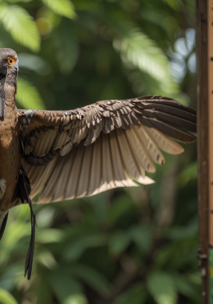 Majestic brown bird, frontal profile, wings open front, bird looking forward frontal, long beak, painted neck igual peru, painted neck, half of the body