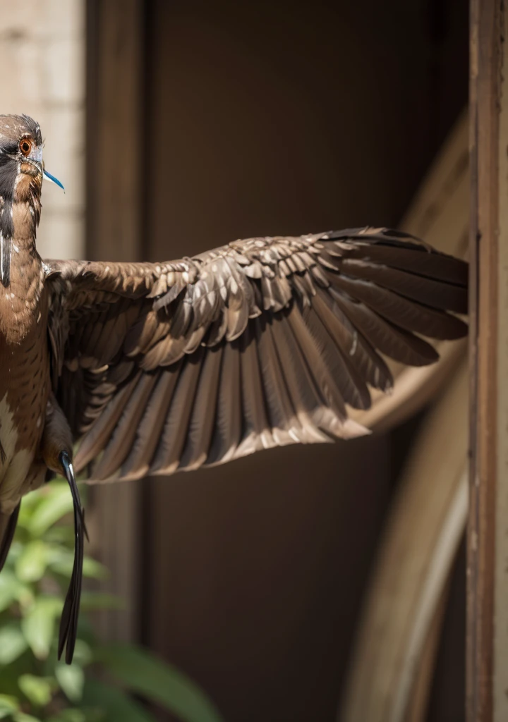 Majestic brown bird, frontal profile, wings open front, bird looking forward frontal, long beak, painted neck igual peru, painted neck, half of the body