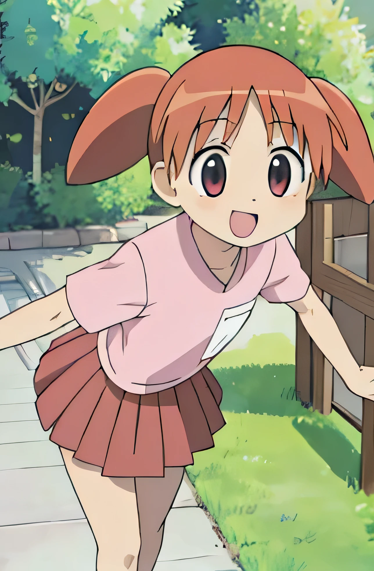 masterpiece, best quality, highres,1girl, chiyo, high twintail, manga, comic,cute pose, dynamic angle, Light pink Shirt, Red skirt, Park, Outdoors, Pink shose, Smiling,