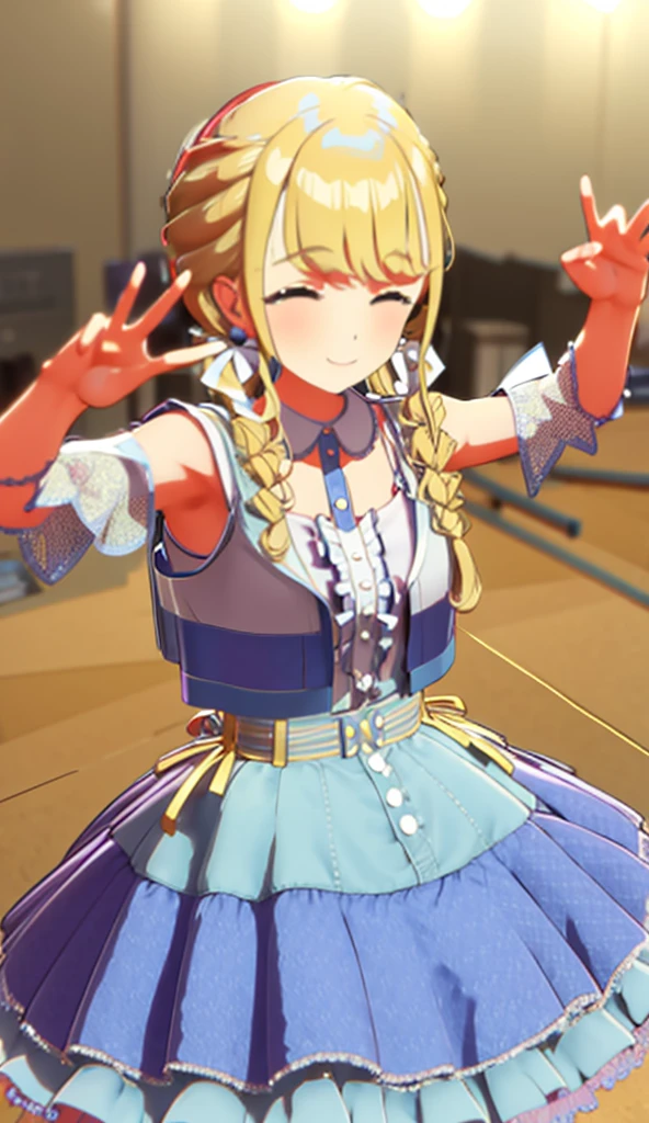 Blonde, Live venue, Dress, Frill, Wink, Jump, Armpit, Smile