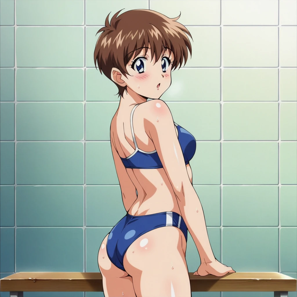 score_9, score_8_superior, score_7_superior, score_6_superior, score_5_superior, score_4_superior, break, sauce_anime, 1980s (スtile), retro artスtile, 1980s anime cels スtile, anime screencap, Flat Color, break, One girl, Big eyes, bangs, short hair, Brown Hair, blue eyes, Swimsuit, View your viewers, お腹のsuperior, Ass Focus, tile, (腕をsuperiorげる:1.2), blush, Cowboy Shot, Sweat, salary