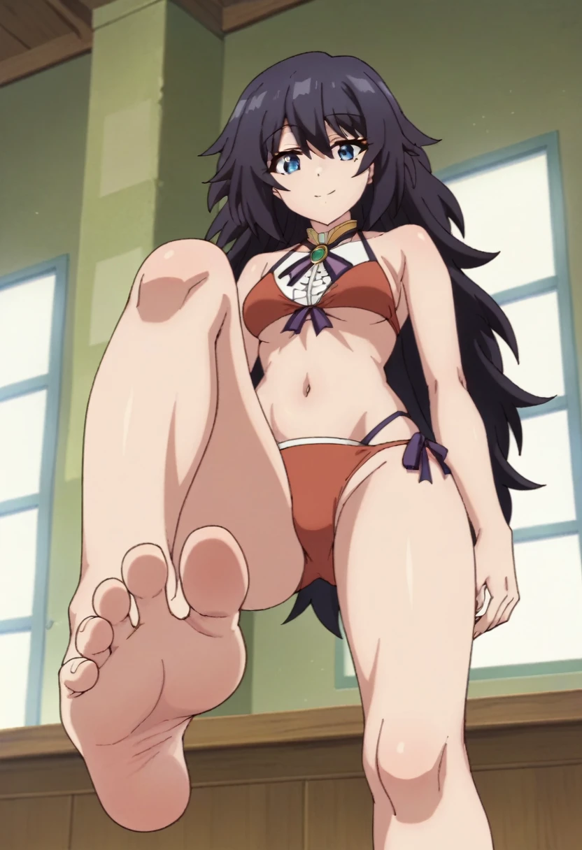 miss starga, long hair, black hair, 1girl, solo, , blue eyes, hair between eyes, , bikini, swimsuit, belly button, Smile, barefoot, footstomp, soles, toes, foreshortening, view from below, indoors, looking at viewer, masterpiece, best quality, 1girl, solo, anime coloring,