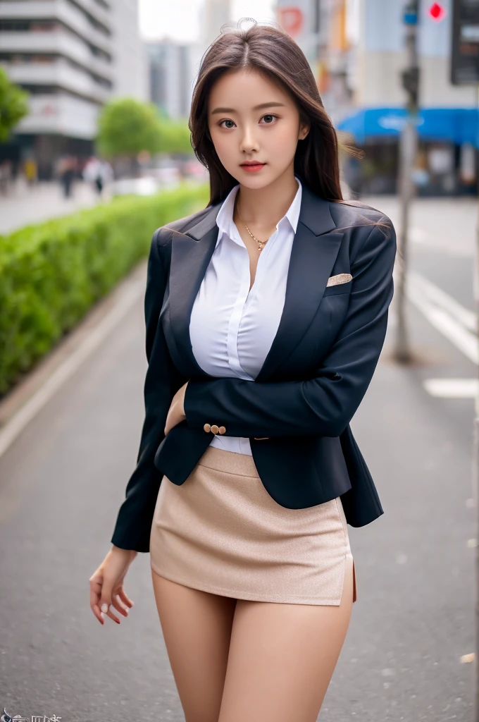 a 17 year old girl, she is the most beautiful actress in the world, the perfect body proportions of this girl, indirect bulge of her large breasts in the blazer that's appropriately buttoned up on the formal shirt she wears, the panties between her bare legs are seen just 1cm below the short skirt, it's just the front of her body, it's just one description, it from right above her head to right below her shins are within the space, she is standing straight at the street, nsfw, best quality, highly detailed, masterpiece, ultra high res, photo realistic, 8k, RAW photo