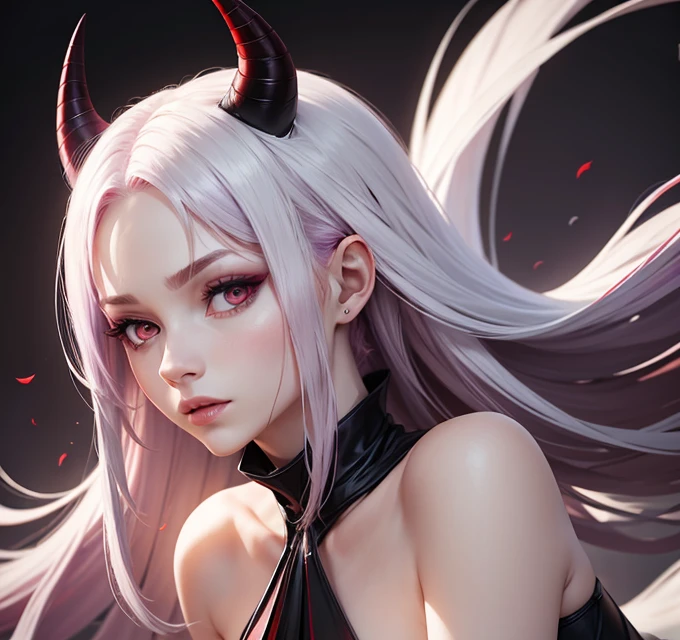 cat ears, white hair, hair over shoulder, hair strand, absurdly long hair, hairclip, demon horns, half-closed eyes, red eyes, evil smile, Ultra-Wide Angle, from side, UHD, anatomically correct --auto