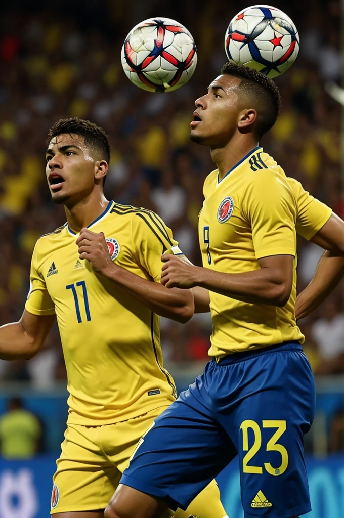 Colombia soccer team with yellow uniform, blue and red America's Cup champions and the captain raising the cup