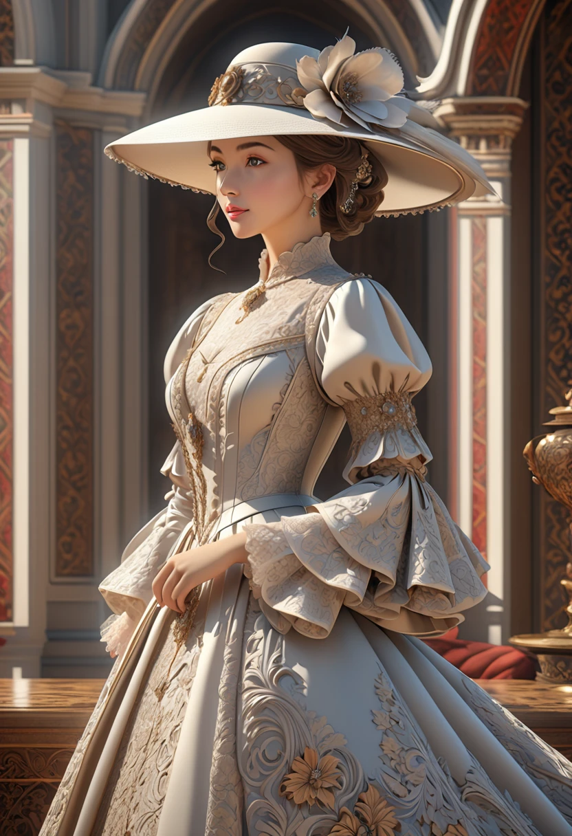 Woman in luxurious long dress、hat、Renaissance design、intricate detailed, Digital Art、Octane Render、3D Rendering、