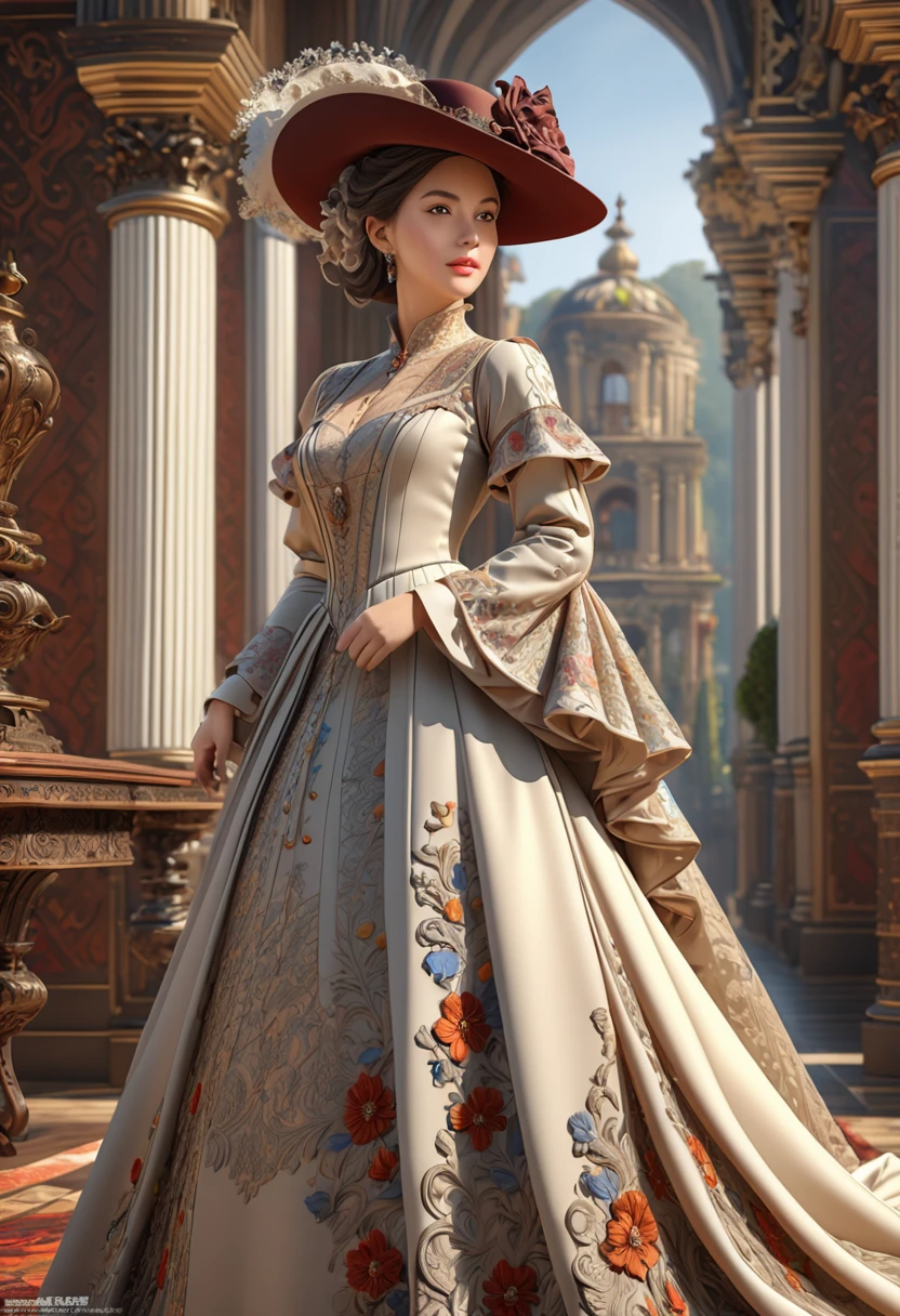 Woman in luxurious long dress、hat、Renaissance design、intricate detailed, Digital Art、Octane Render、3D Rendering、