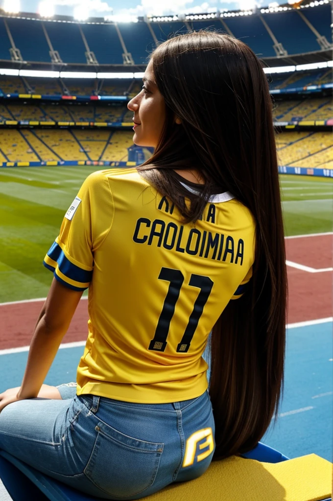 Woman with straight hair on her back sitting on the stadium tribune wearing a yellow Colombia shirt with number 10 and the name Ella on the back 