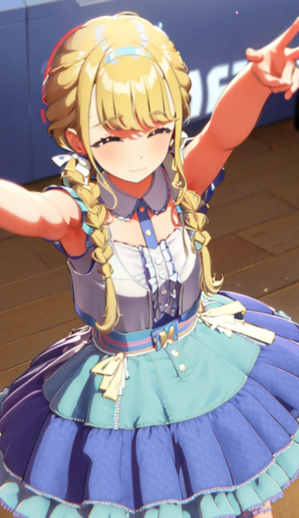 Blonde, Live venue, Dress, Frill, Wink, Jump, Armpit, Smile