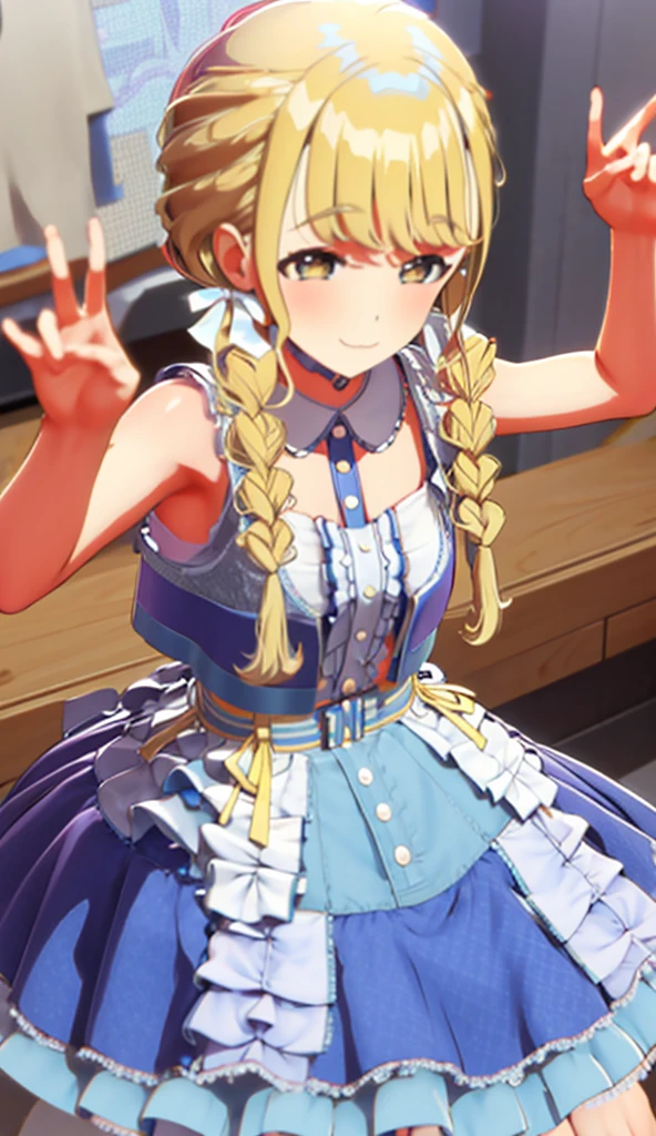 Blonde, Live venue, Dress, Frill, Wink, Jump, Armpit, Smile