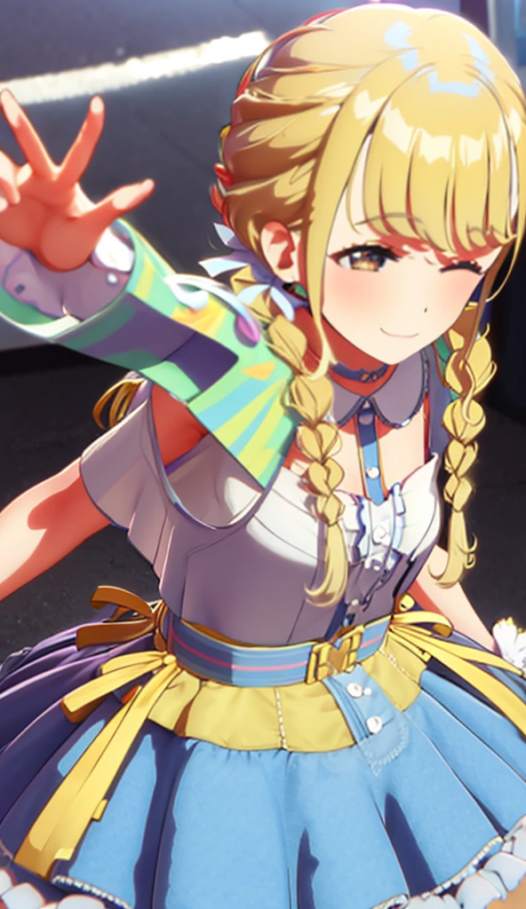 Blonde, Live venue, Dress, Frill, Wink, Jump, Armpit, Smile