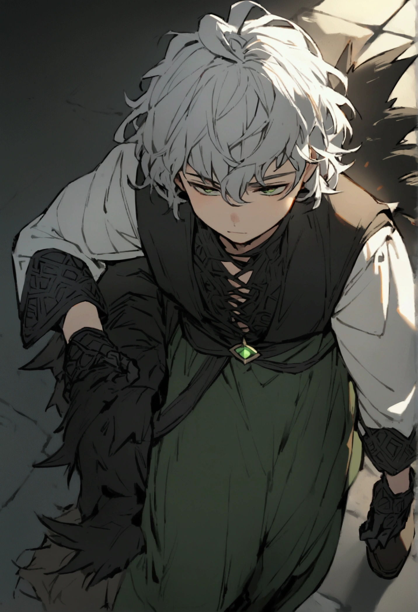 a boy, a sorcerer, wears a white shirt with some black parts. He wears a black tail and black gloves. Your shoes are old and black with green lines. Your hair is white and spiky and messy.