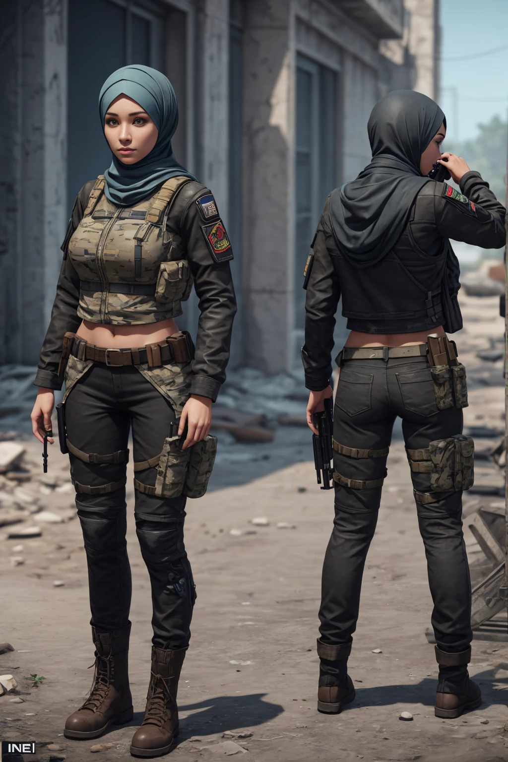 Full body turnaround of female sniper game character wearing Islamic hijab headwear with post apocalyptical worn clothing made of scraps and old fabric with beautiful face featuring detailed front and back views, Highly detailed, , and smooth digital illustration with sharp focus, 4K UHD image , by unreal engine 4
