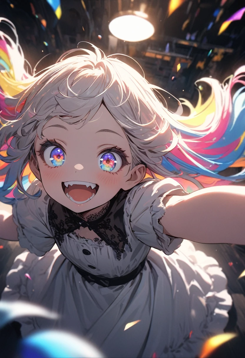 ((Masterpiece)), ((best quality)), (super detail:1.2),(High Definition:1.3), (Professional Photography:1.2), (very aesthetic:1.2), (absurdres:1.2), (wide shot), cinematic lighting, (sharp focus), (perfect light), (()), cute young Girl, fluffy hair, colorful hair, long hair, big eyes, (long eyelashes), ((baggy eyes)), colorful eyes, round eyes, (naughty smile), open mouth, jagged teeth, joy, pop, cute, Colorful, (happy pose), (colorful:1.3), gothic makeup, ((obscurity atmosphere)),