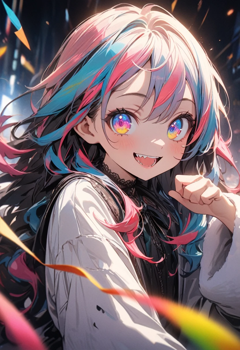 ((Masterpiece)), ((best quality)), (super detail:1.2),(High Definition:1.3), (Professional Photography:1.2), (very aesthetic:1.2), (absurdres:1.2), (wide shot), cinematic lighting, (sharp focus), (perfect light), ((12 years old)), cute young Girl, fluffy hair, colorful hair, long hair, big eyes, (long eyelashes), ((baggy eyes)), colorful eyes, round eyes, (naughty smile), open mouth, jagged teeth, joy, pop, cute, Colorful, (happy pose), (colorful:1.3), gothic makeup, ((obscurity atmosphere)),