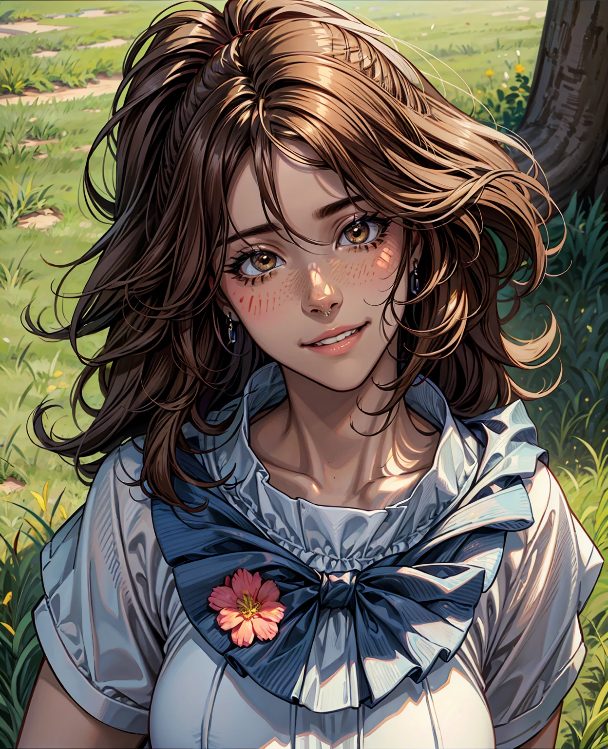 3D ais dark skin tone, (((solo))), telegram sticker, in the park sitting on the tree, creating a soft, long dress female, (((portrait realism))), (girl afro-americana) (((brown hair))), (((close-up detailed facial features: 1.15))), (((mega hair hair))), freedom, profile image, standing confidently, she is the center of the garden, smiling face, listing image, 8K, dreams