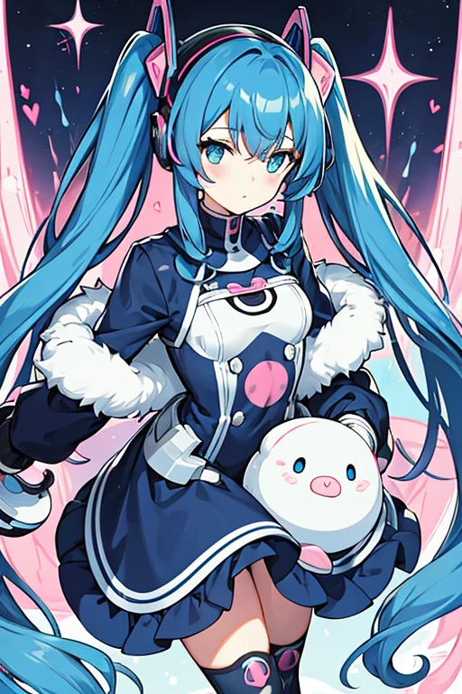 Young robot woman, hair in two pigtails Dark blue, blue eyes, pink headphones, surrounded by desserts