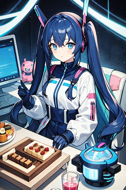 Young robot woman, hair in two pigtails Dark blue, blue eyes, pink headphones, surrounded by desserts