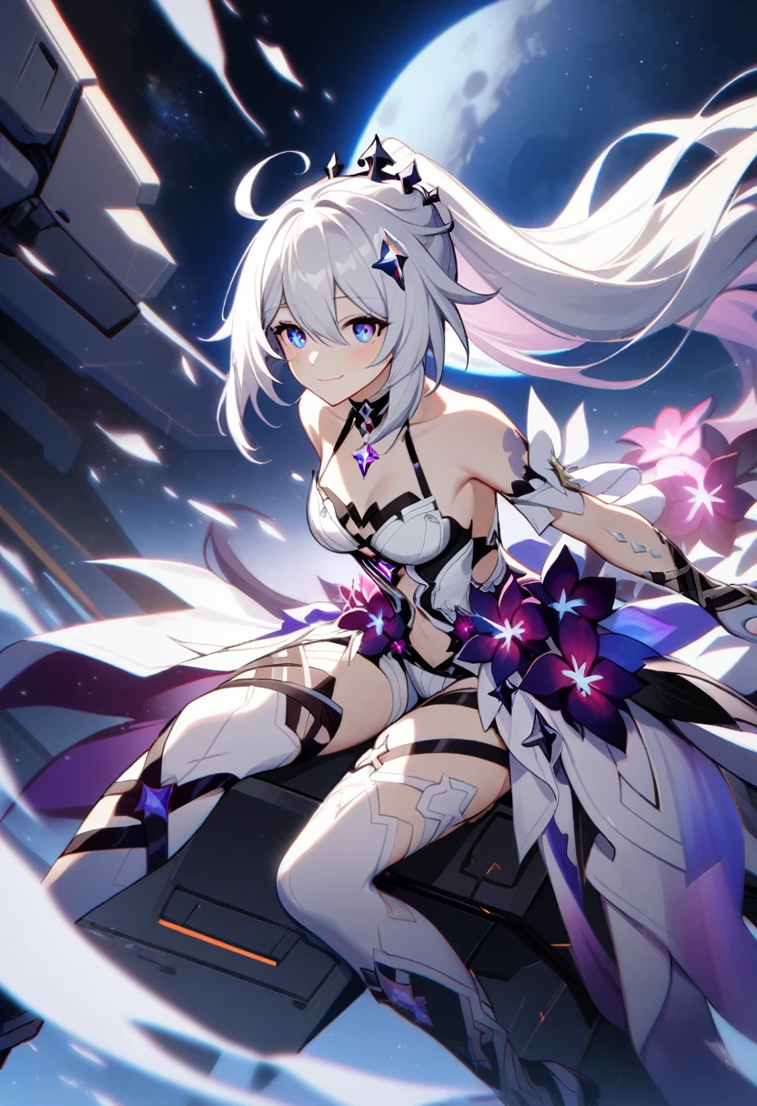 1girl, Kiana Kaslana \(Herrscher of Finality), Honkai Impact 3rd, ponytail, smile, extremely detailed eyes, moon, moon base, outer space