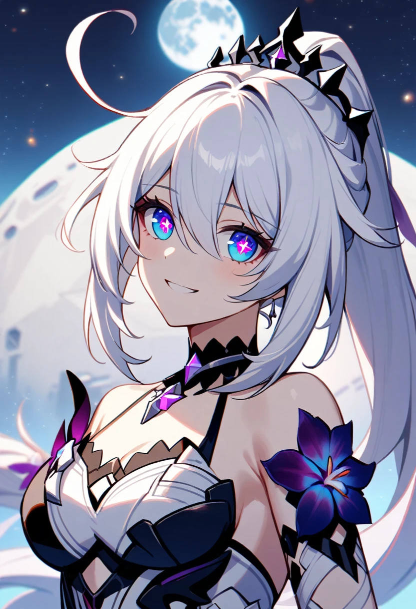 1girl, Kiana Kaslana \(Herrscher of Finality), Honkai Impact 3rd, ponytail, smile, extremely detailed eyes, moon, moon base, outer space