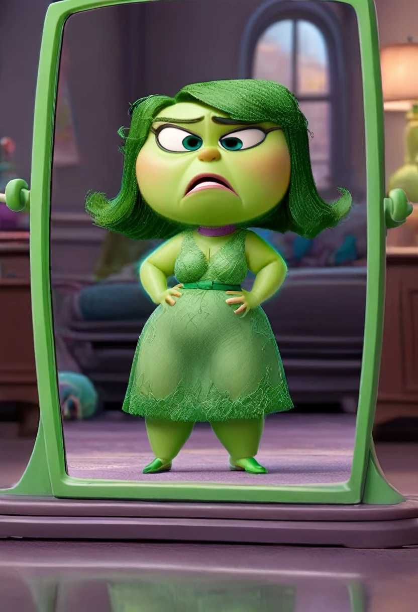 Disgust inside out, Green skin, culona, big legs, small waist, gesture of disgust, good curves, hourglass curve, posing his body in the mirror 